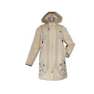 Hudson Bay Wool Coat Women White Parka With Appliqué Embroidery Canada sz L